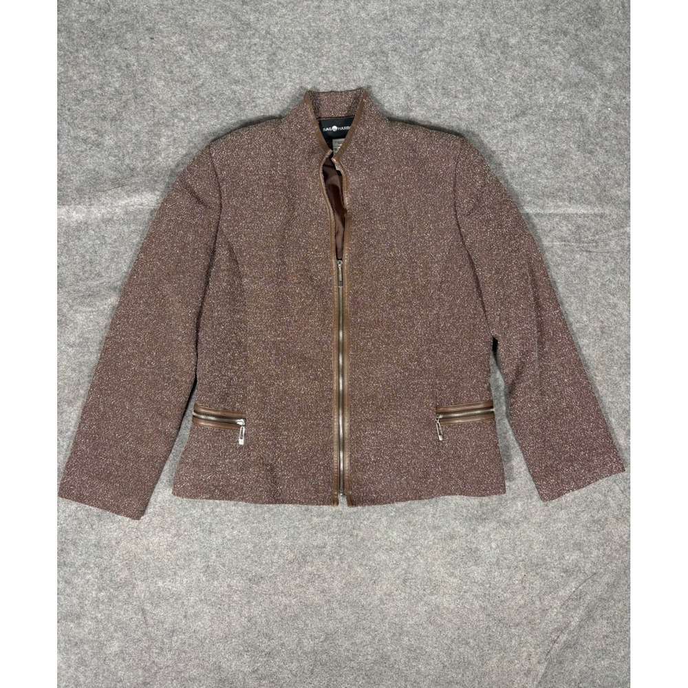Sag Harbor Women Size 12 Brown‎ Textured Zipper Front Blazer Jacket